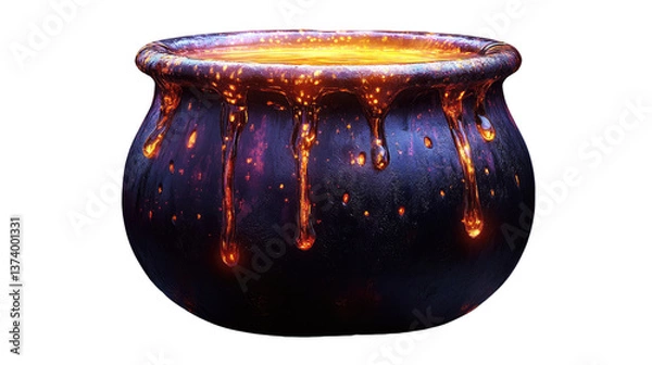 Fototapeta Mystical Brew: A dark, rustic cauldron brimming with a glowing, golden concoction, the liquid spilling over its edges in glistening rivulets.