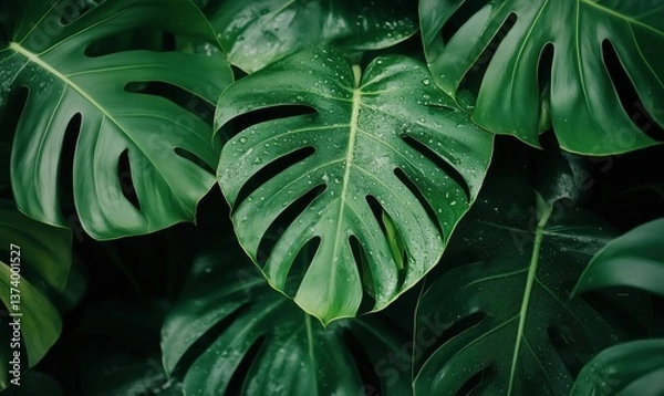 Fototapeta Monstera leaves with water droplets showcasing lush green foliage and tropical vibes