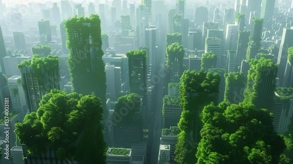 Obraz Nature Reclaiming City, Green Urban Future, Overgrown cityscape, nature reclaiming urban spaces.