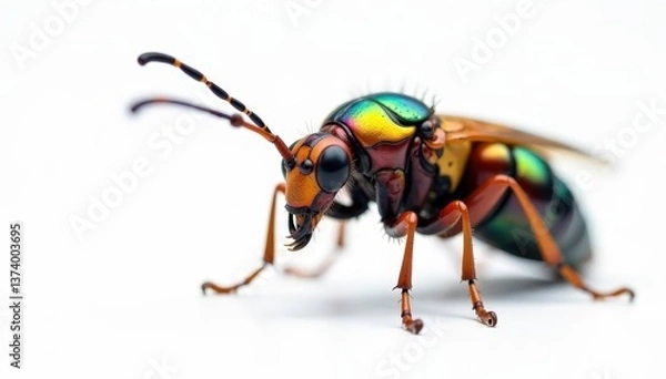 Fototapeta Close-up of colorful insect on stark white background, photography, nature, minimal