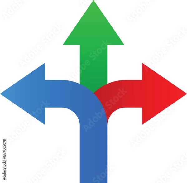 Fototapeta Three way direction arrow icon. 3 arrowheads sign. Vector illustration