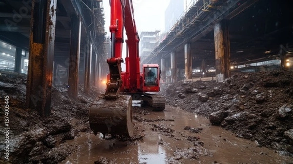 Fototapeta A red excavator operates in a muddy urban excavation site, surrounded by towering structures, highlighting the chaos and progress of construction in a bustling environment.
