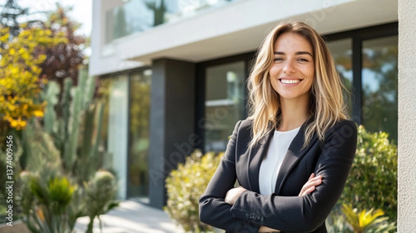 Obraz Confident real estate agent standing outside modern building