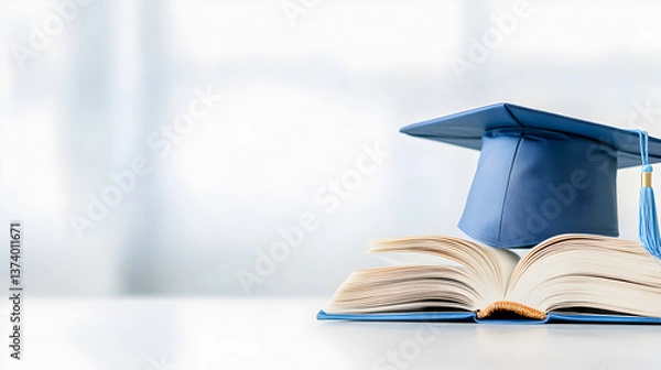 Fototapeta Bright blue graduation cap on top of open book in minimal white background, symbolizing modern education and academic dreams. Perfect for promotional use. Selective focus