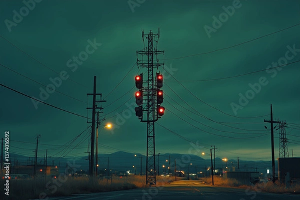Fototapeta Dark sky illuminates a cell tower sending radio signals at twilight