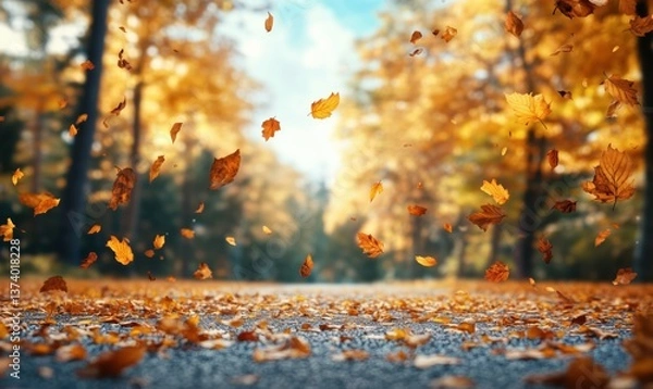 Obraz Autumn leaves falling on a serene road surrounded by vibrant fall foliage