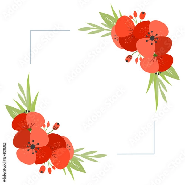 Fototapeta Square frame with red poppies with leaves and grass for banners and invitation cards. Vector illustration.