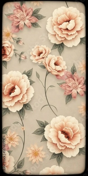 Fototapeta Floral pattern featuring soft peach and pink flowers on a muted background designed for elegant decor purposes