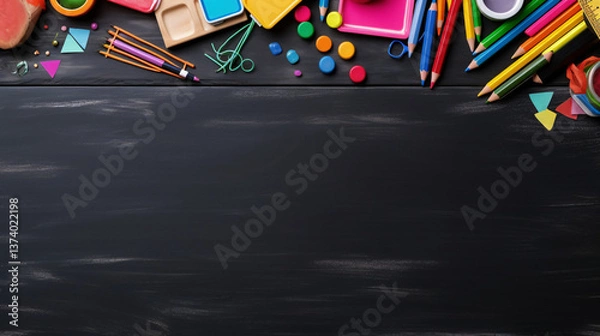 Fototapeta Colorful school supplies moving along the bottom border, with a black background and top text space.

