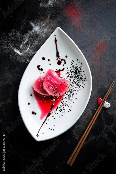 Obraz Tuna slices with soy sauce and sesame seeds on a polished dark surface with chopsticks