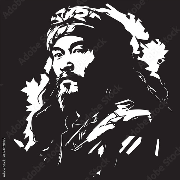 Obraz Portrait of Kazakh ancient warrior silhouette in black and white stencil style. Vector illustration.
