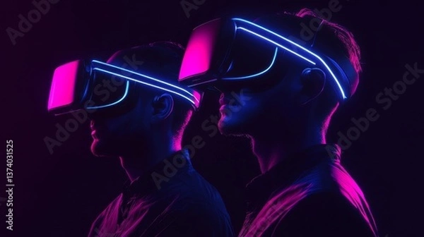 Fototapeta A couple explores the metaverse, playing virtual reality games with the aid of VR goggles and advanced digital game control technology