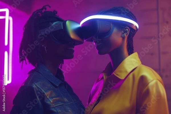 Fototapeta A diverse group of millennials, comprising both males and females from various ethnicities, are seen wearing VR goggles as they test a metaverse meeting system, exhibiting cheerful and smiling