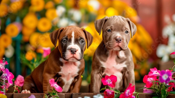 Fototapeta Two adorable puppies amidst vibrant flowers in a garden, reflecting the freshness and joy of springtime