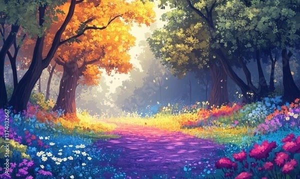 Fototapeta Colorful forest pathway surrounded by vibrant flowers and autumn trees