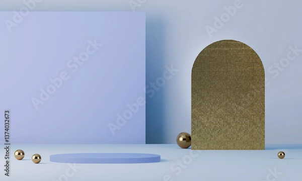 Obraz Modern abstract arrangement features geometric shapes and metallic spheres in a soft blue setting during daylight. 3d render
