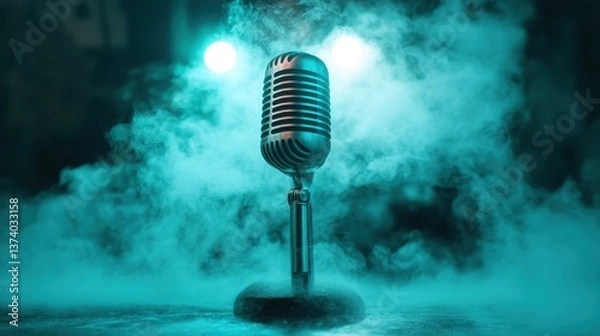 Fototapeta A classic microphone is beautifully illuminated by soft lighting in a smoky setting, emphasizing its texture and elegance while creating a captivating atmosphere for performers.