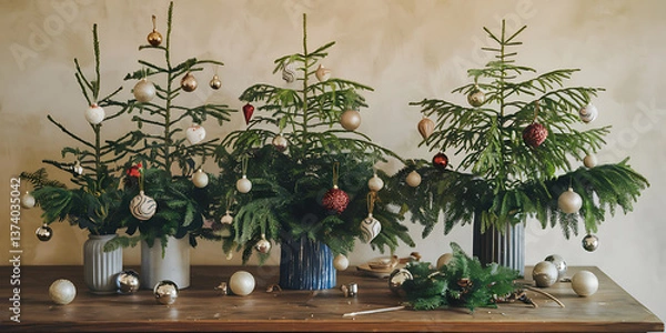 Fototapeta Rustic Christmas tree arrangements in muted tones
