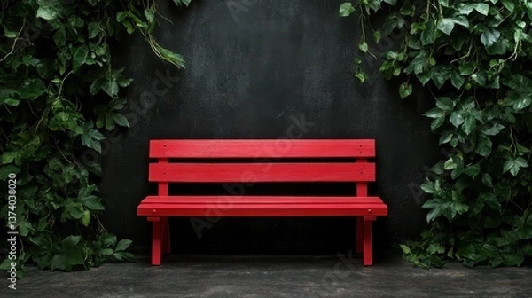 Fototapeta A striking red bench placed against a dark backdrop, perfectly framed by lush green vines, creating a vivid contrast that captures attention and invites relaxation.
