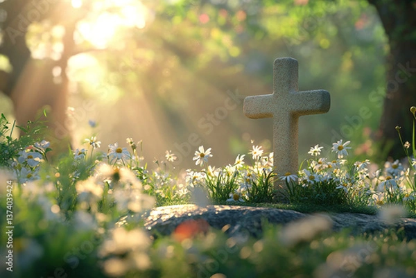 Fototapeta Spring flowers around small cross, lilies and daisies with filtered light create serene Easter celebration close-up