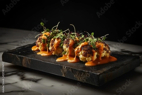 Obraz Roasted cauliflower bites with hot sauce and microgreens on a black slate board