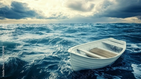Obraz A white rowboat adrift on a stormy sea, surrounded by dark, turbulent waters and dramatic cloud formations. The intense atmosphere conveys themes of isolation, resilience, and nature's power, perfect