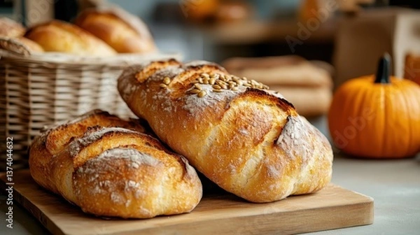 Fototapeta This inviting image features a beautifully baked artisan loaf sprinkled with seeds, capturing a warm and welcoming atmosphere perfect for any kitchen or dining space.