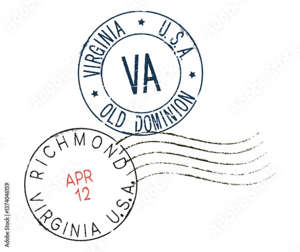 Fototapeta Postal rubber stamps with RICHMOND VIRGINIA USA, along with the ZIP code, state abbreviation (VA), and date. Retro-style seals for letter envelopes, greeting cards, passports, and parcels.