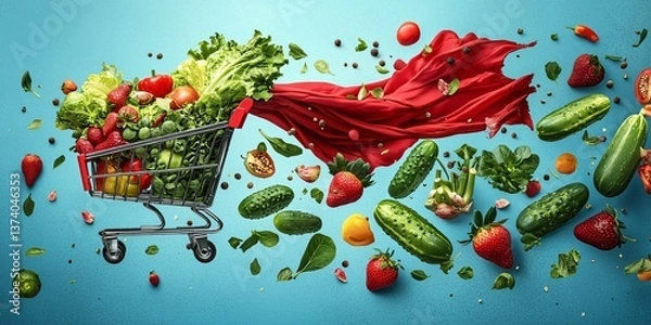 Fototapeta Shopping cart overflowing with fresh produce, trailed by a red cloak, on a bright blue background