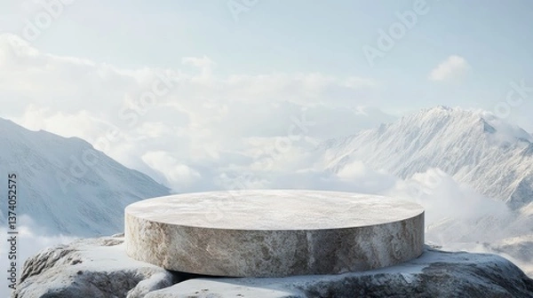 Fototapeta A stone round podium with a white cloud background for product presentation, a cosmetic product display mock-up, an abstract stand on a mountain top, high-resolution photography
