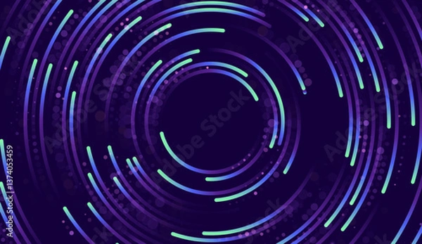 Fototapeta Spiral technological background with circular lines and dot networks. Abstract glowing particle circle symbolizing data flow. Big data transmission concept and internet connectivity visual.