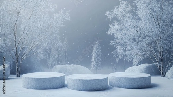 Fototapeta winter themed background, minimalistic, three podiums in the shot, photorealistic, ultrarealistic, cold vibe 