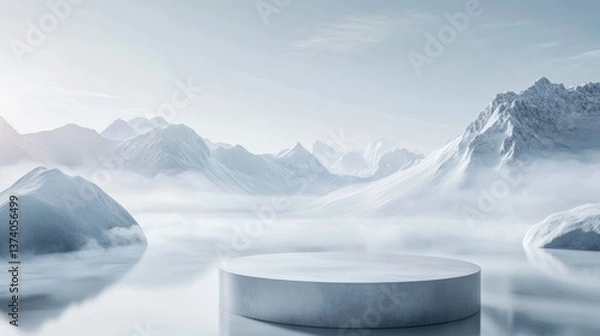 Obraz 3D rendering, an abstract minimalist landscape with a white color gradient background, geometric-shaped snow-capped mountains, soft mist and smoke on the ground, C4D modeling, OC renderer renderings, 