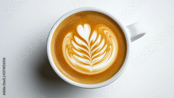 Fototapeta A cup of coffee with latte art and_a_white background