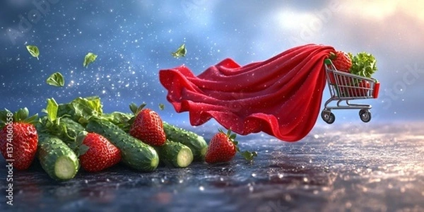 Fototapeta Superhero shopping. A flying red cape pulls a cart of fresh produce strawberries, lettuce, and cucumbers, amidst sparkling particles