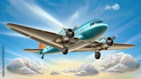 Fototapeta A vintage airplane clipart with retro design elements, flying above stylized clouds in a mid-century color palette.