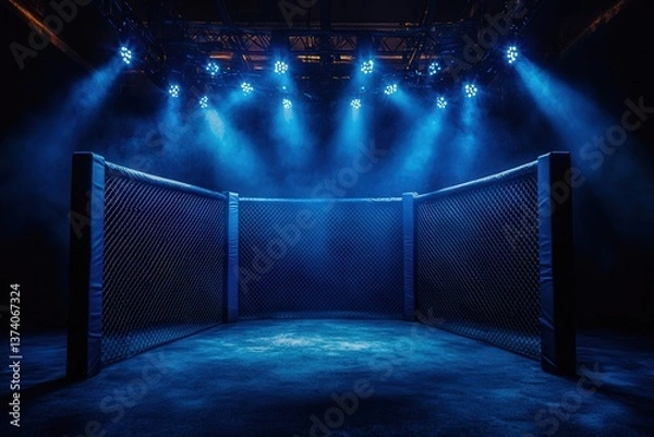 Fototapeta Empty MMA cage under dramatic blue lighting, creating a tense and anticipatory atmosphere.