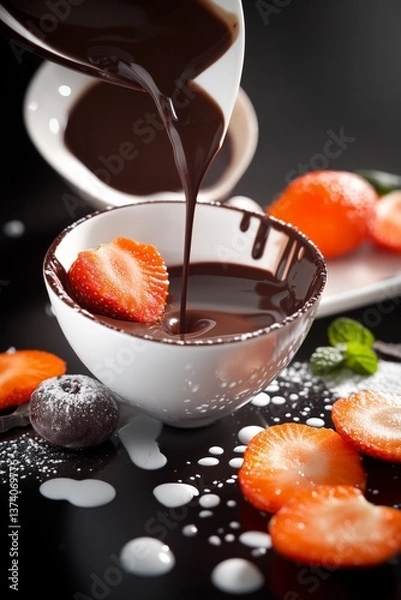 Obraz A chocolate dessert with a glossy mirror glaze, artfully decorated with thinly sliced fresh fruits