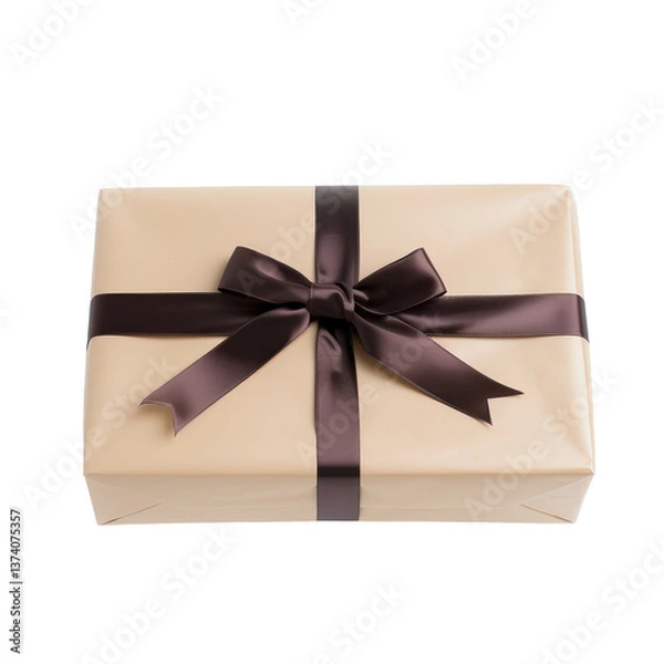 Fototapeta Elegant Wrapped Gift Box with Brown Satin Ribbon on White Background