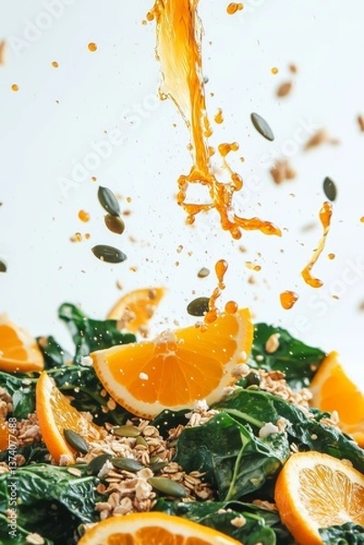 Obraz Chard salad with granola, orange slices and pumpkin seeds with citrus dressing splash