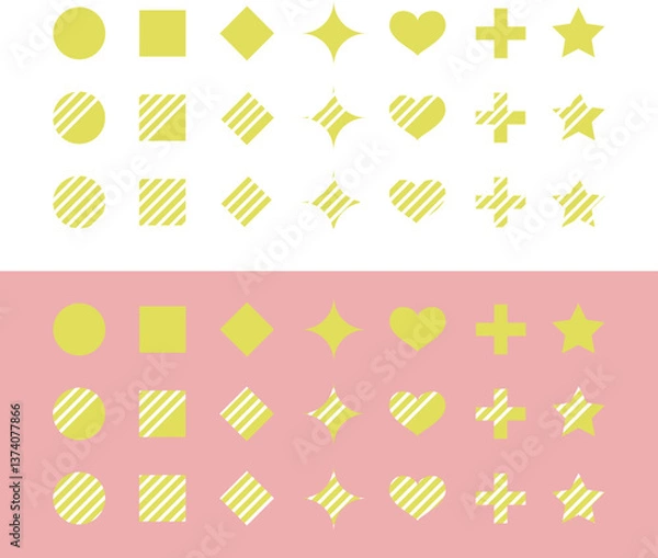 Fototapeta シンプル記号×ストライプのアイコンイラスト（丸・四角・ダイヤ・キラキラ・ハート・星・クロス）