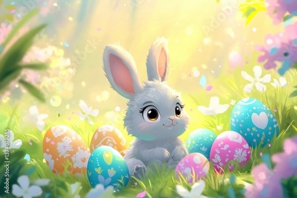 Obraz A bright and cheerful Easter background featuring a cute, fluffy rabbit sitting among vibrant, colorful Easter eggs. The scene is set in a lush, green meadow with soft spring flowers blooming around. 
