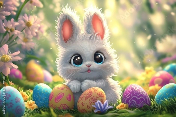 Obraz A bright and cheerful Easter background featuring a cute, fluffy rabbit sitting among vibrant, colorful Easter eggs. The scene is set in a lush, green meadow with soft spring flowers blooming around. 