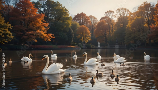 Fototapeta A beautiful group of white swans and ducks swimming in a river and lake