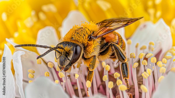 Fototapeta Close-up of a bee on a vibrant flower, covered in pollen, and perched on reproductive parts.