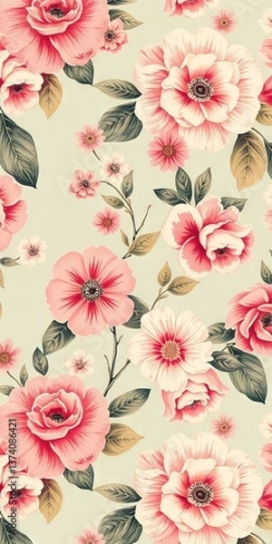 Fototapeta Beautiful floral pattern with pink and white flowers on a soft background
