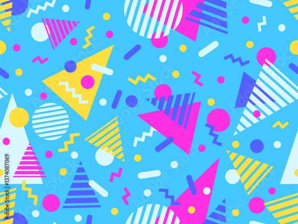 Fototapeta Geometric seamless pattern with memphis elements in 80s style. Colorful geometric pattern. Design of promotional products, wrapping paper and printing. Vector illustration