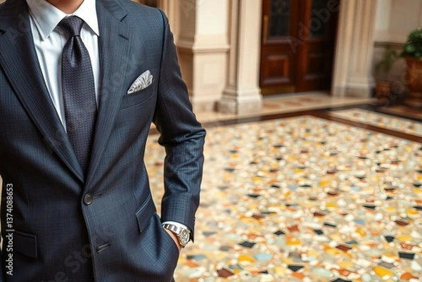Fototapeta Elegant man in a tailored suit stands confidently in a beautiful tiled hallway with vibrant patterns