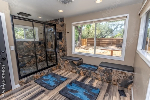 Fototapeta A modern bathroom featuring a glass shower, stone walls, and a view of nature, with stylish mats and seating areas for comfort.