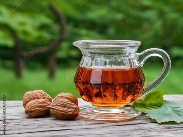 Fototapeta Transparent glass cup of herbal tea placed on wooden table beside walnuts in natural daylight for organic beverage therapy and health themed stock image